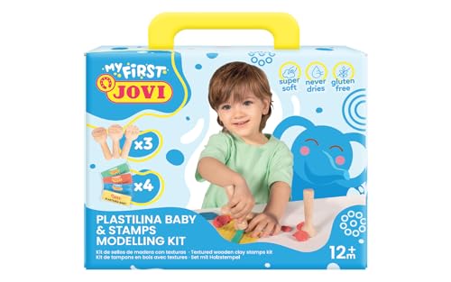 Jovi My First - Pâte à modeler - Mon premier kit de modélisation, barres de 38 g, 4 couleurs assorties + 3 tampons en bois, sans gluten, ne sèche pas, pour...