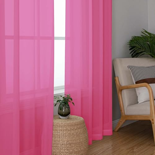 Image of OWENIE Hot Pink Sheer Curtains for Bedroom Living Room 96 Inches Long 2 Panels Set, Soft Solid Light Filtering Clear Sheer Ceiling to Floor for Large Window, 2Pcs, Each 42 inch W x 96 inch L, Hot Pink