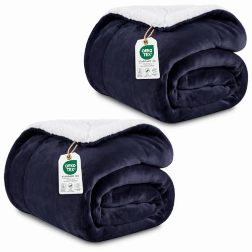 IR Imperial Rooms 2 Pack Queen Sherpa Blankets 90x90 Hotels Navy