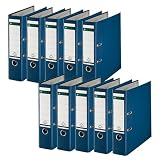 Leitz - 10 Raccoglitori a leva A4 per ufficio, Registratore con meccanismo a leva apertura a 180°, Portaetichette sostituibile, Capacità 600 fogli A4, 10101035, Blu