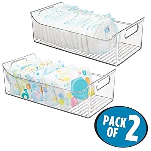 mDesign Portable Nursery Storage Plastic Baby Organizer Storage Caddy Bin wHandles for KidsChild Essentials Holds Diapers Wipes Bottles Baby Food 16 Long Ligne Collection 2 Pack Clear