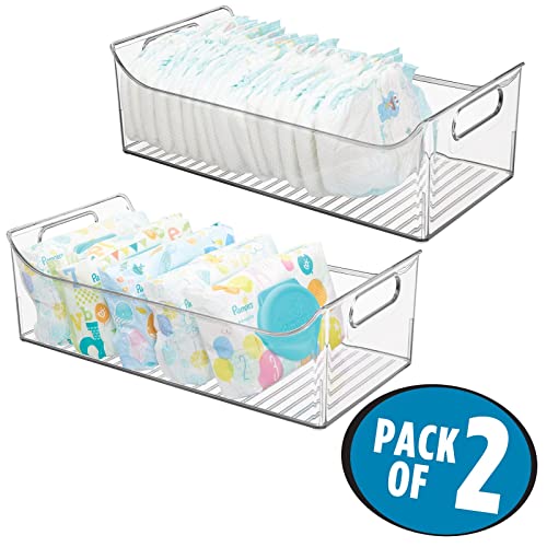 mDesign Portable Nursery Storage Plastic Baby Organizer Storage Caddy Bin wHandles for KidsChild Essentials Holds Diapers Wipes Bottles Baby Food 16 Long Ligne Collection 2 Pack Clear