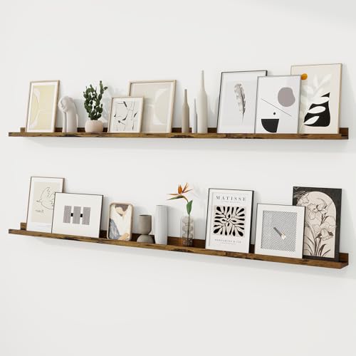RICHFOCUS Picture Ledge Shelf, 72 inch Floating Shelves Set of 2, Wood Wall Shelves with Lip, Wall Decor Storage for Bedroom Living Room Bathroom Kitchen Nursery Photo Picture, Rustic Brown