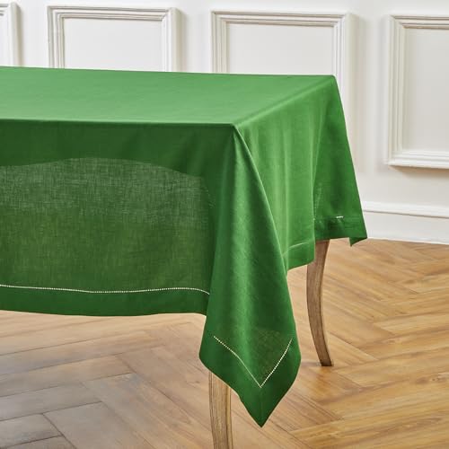 Solino Home Garden Green Linen Tablecloth 60 x 144 Inch - 100% Pure Linen Hemstitch Table Cloth for Rectangle Tables - Classic Hemstitch, Washable Tablecloth