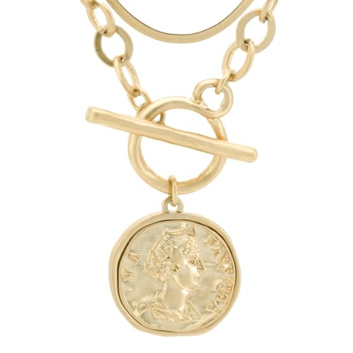 KKOXZ Chunky Gold Coin Necklace for Women, 18K Gold Plated Toggle Chain