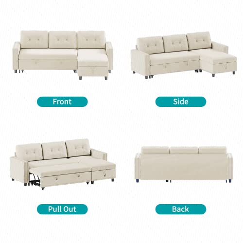 Balus Reversible Sectional Sleeper Sofa With Storage Chaise, 83 Inch L-Shape Sectional Sofa Couch, Velvet Upholstered Pull Out Sofa Bed Couch For Living Room, Office And Small Apartment (Beige) #TOP3