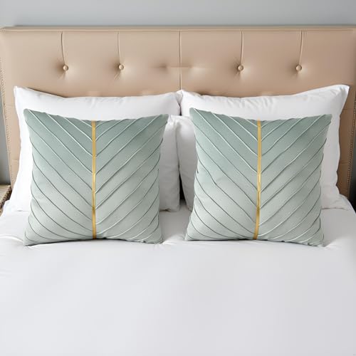 Image of Velvet Throw Pillow Covers 18x18 Pack of 2 Gold Decor Mint Green