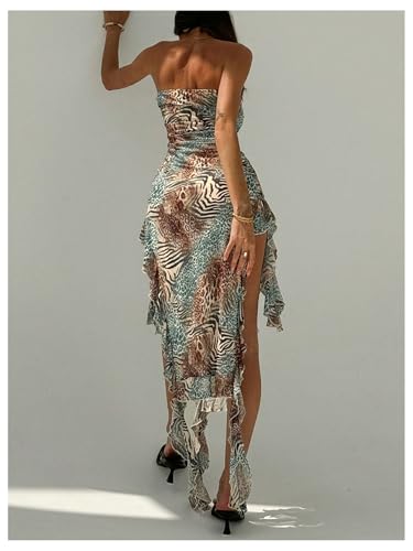 Image of WDIRARA Women's Strapless Leopard Print Ruffle Asymmetrical Pencil Maxi Dress