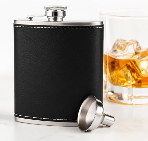 8 oz Stainless Steel Hip Flask with Funnel for Men and Women Leak-Proof Pocket Whisky Flask with Black Textured Finish Portable Alcohol Bottle for Camping Festivals Hiking Travel and Gifting