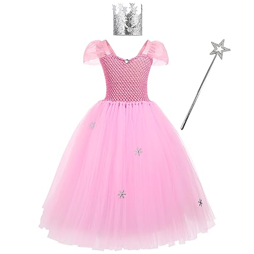 IMEKIS Kid Girls Glinda the Good Witch Costume Fancy Halloween Dress Up Short Sleeve Princess Ruffle Tutu Dress with Crown Fairy Wand Birthday Carnival Cosplay Party Outfit Pink 8-9 Years