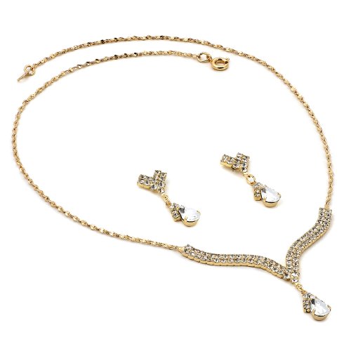 Topwholesalejewel Gold Crystal Rhinestone Necklace with 2 Line Teardrop Center & Matching Dangle Earrings Jewelry Set