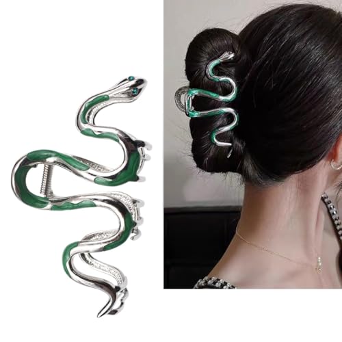 Pinzas para el Pelo Grande,Pinzas Pelo Mujer Plateado,Pinza Pelo Garra Grande,Pinzas de Pelo Metálicas Antideslizantes,Clip De Serpiente Verde,Hair Clips para el Pelo Grueso, Fino y Largo