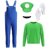 BSBUY Super Brothers Cosplay Kostüm, 5 Pcs Cosplay mit T-Shirt Mütze Hose Bart Handschuhe Super-Brüder Wario Kostüm Set Männer Damen Erwachsene Outfit Kostüm für Karneval Party Faschingskostüme (Grün)