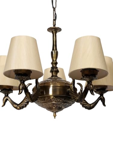 Image of Devansh 05-Light Conical Off-White Cotton Shade Chandelier - Antique Golden Finish | Adjustable Cord | Warm Glow Lamp - Ceiling Light for Living Room, Dining Area, Bedroom & Entryway Decor - D1
