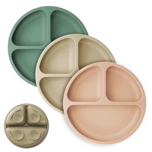 Image of Cutebe 3 Pack Suction Plates for Baby Food Grade Silicone Baby Plates with Suction Microwave & Dishwasher Safe Toddler Plates Divided Design & Raised Edges Toddler Dishes for Feeding
