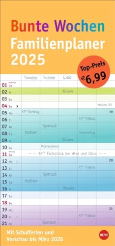 Bunte Wochen Familienplaner 2025: Praktischer Wandplaner mit 5 Spalten. Familien Wandkalender mit Schulferien und 3-Monats-Ausblick. Terminkalender 2025. (Bunte Wochen Planer Heye)