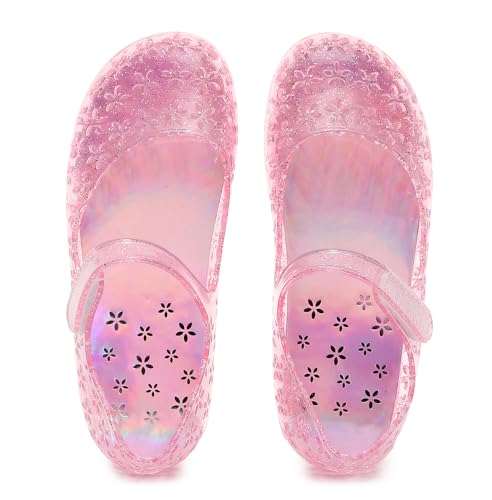 Image of Princess Dress Sandals Jelly Shoes for Toddler Girls Size 8, Blue Bird Nest Layered Lines Mary Jane Flats Childrens Clear Glitter with Hollow-Carved