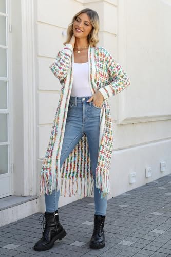 Image of Womens Boho Cardigan Sweater Maxi Long Colorful Fringed Tassels Knitted Cardigan Jacket Outwear