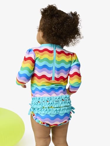 Image of RuffleButts Baby Girls UPF 50+ Sun Protection Floral Printed Long Sleeve One Piece Rash Guard Swimsuit with Zipper