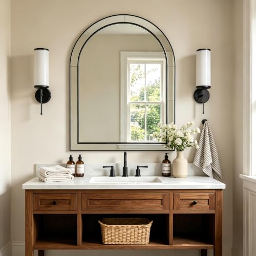Image of MOON MIRROR Arched Mirror for Bathroom, Bathroom Mirrors for Over Sink, 30x40 inch Matte Black Non-Rusting Vanity Mirror in Delicate Tessellated Glass Design