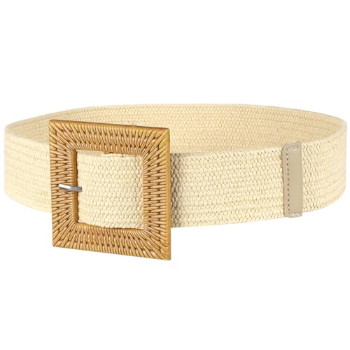 Straw Belts for Women, Stylish Elastic Waist Belt, Adjustable Boho Decorative Waistband, Summer Beach Wide Woven Belt Dress Accessories 38 x 2 inch