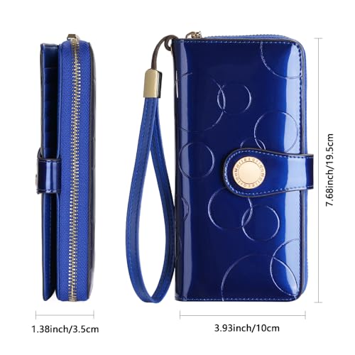 Ladies' fashionable leather wallet, large capacity with multiple card slots, zipper and snap closure, RFID shielded credit card holder for protection, long wallet with wrist strap (Blue)3