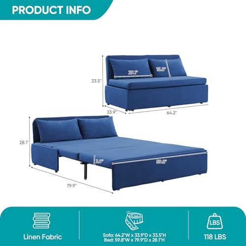 Image of BALUS 43 inch W Queen Size Sleeper Couch Bed Pull Out Sofa with Pullout Beds, 2 in 1 Convertible Linen Single Sleepers Sofas Chair with Foldable Mattress and Pillows for Small Space Apartment, Blue