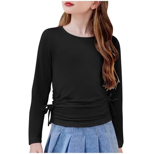 Kids Girls Preppy Shirts Long Sleeve Bow Ruched Solid Blouse Tees Tops Teen Girls Summer Casual Shirts Comfy Clothes3