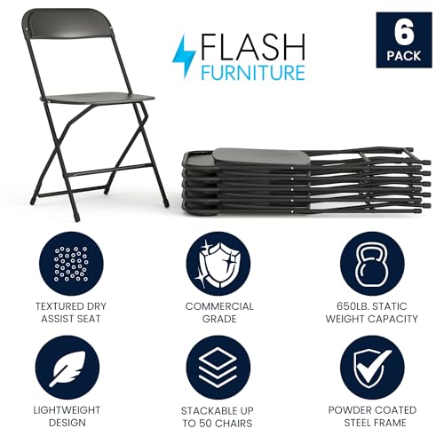 Image of Flash Furniture Hercules Series Plastic Folding Chairs for Parties and Weddings, Stackable Commercial Event Seats with 650-lb. Static Weight Capacity, Set of 6, Black