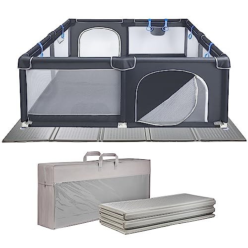 ONVAYA® Laufgitter mit faltbarer Spielmatte | Laufstall für Babys | 160 x 160 cm | Schutzgitter für Kinder | Rechteckiges Krabbelgitter | Absperrgitter | Babyzaun in Grau | sicher & schadstofffrei