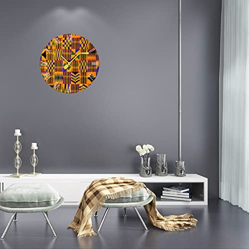 African Kente Cloth Ethnic Art Pattern Round Wall Clock Silent Non Ticking Quartz Clocks Pvc Wood For Kids Living Room Bedroom Kitchen School Office Decor #TOP2