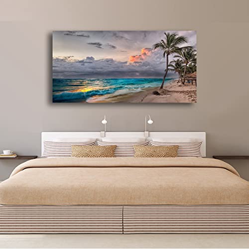 Beach Pictures Wall Art Canvas Prints Seascape Poster Bathroom Decor Blue Ocean Green Tree Painting For Living Room Bedroom Home Kitchen Decoration 20X40 Wooden Frame Natural Landscape Artwork #TOP1