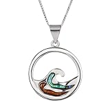 Aloha Jewelry Company 925 Sterling Silver Koa Wood and Abalone Shell Hawaiian Mauka to Makai Ocean Wave Necklace Pendant with 18' Box Chain, Nickel Free Hypoallergenic for Sensitive Skin, Gift Box Included (Medium, Koa Wood & Abalone Shell)