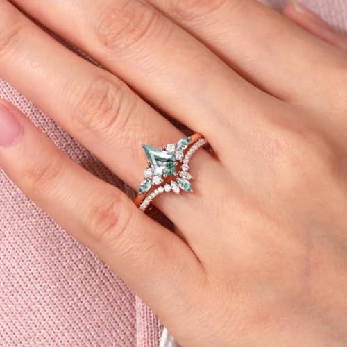 Natural Moss Agate Engagement Ring Set for Women 1.5 CT Kite Cut Vintage Wedding Ring Set 925 Sterling Silver 10K 14K 18K Gold2