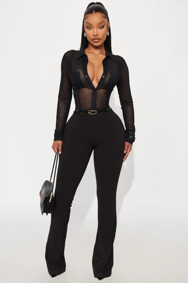 Womens Sexy Jumpsuit Long Sleeve Mesh Lapel Shirts Top Flared Pants Sexy Club Party Jumpsuit - Image 4