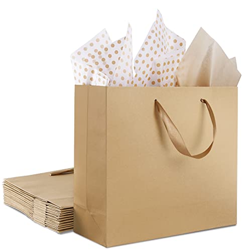 Plauthus Sage Green Gift Bag with Ribbon, 13" Large Gift Bag with Handle, Greeting Card & 2 Tissue Paper（Gold Foil Frame） for Baby, Baby Shower, Weddings, Bridal Showers, Engagements, Any Occasion