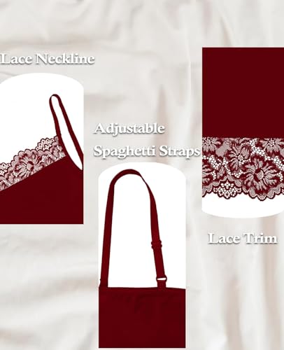 Image of Slip for Women Under Dress Satin Silky Sleepwear Lace Trim V Neck Adjustable Spaghetti Straps Nightgown Cooling Feel