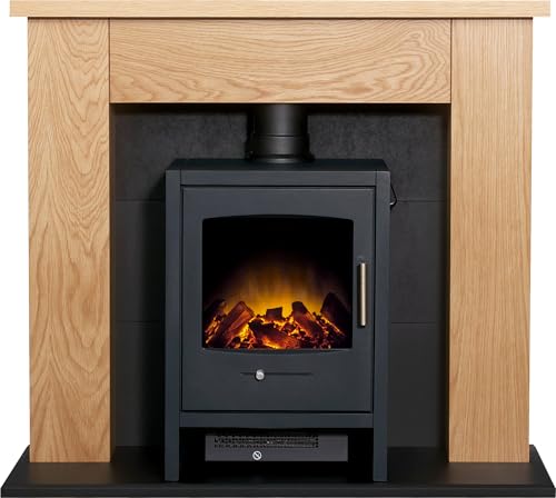 Adam Chester Stove Fireplace in Oak & Black with Bergen Electric Stove in Charcoal Grey, 39 Inch