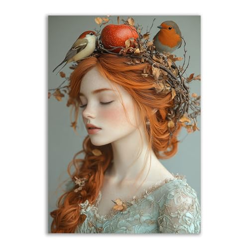 Femme rousse avec une pomme poster vintage déco murale salon toile 70x100