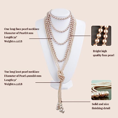 Cizoe 1920S Pearls Necklace Fashion Faux Pearls Gatsby Accessories Vintage Costume Jewelry Cream Long Necklace For Women(B-Knot Pearl Necklace*2 + 59" Necklace*1-Champagne) #TOP1