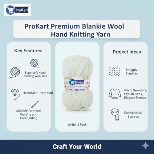 Image of ProKart Premium Blankie Wool, Plush & Cuddly, Chenille Yarn Supersoft Hand Knitting Wool Ball | Blanket Thick /Mottu Yarn Ball Suitable for Hand Knitting and Crocheting (Pure White, 100gms x 4 Pack)