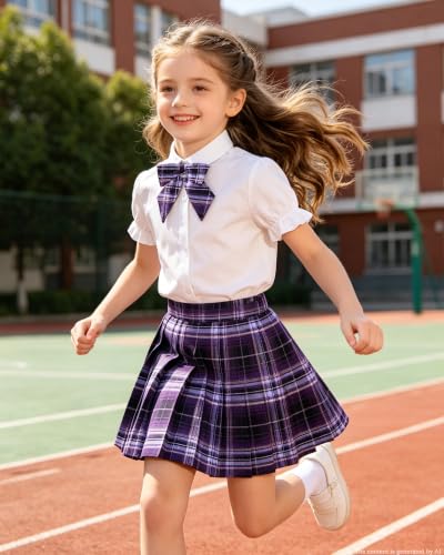 Image of Betusline Girls Skirt Set JK School Uniform 2-Piece Outfit - Short Sleeve Shirt with Bow & Pleated Skirt 4T-14Y