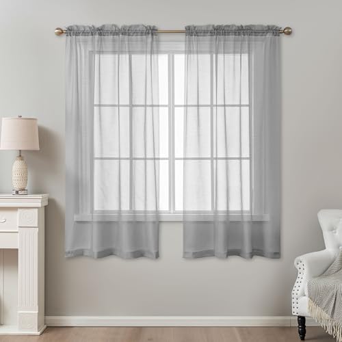 Image of Grey Sheer Curtains 63 Inch Length, Privacy Semi Sheer Curtains for Living Room Bedroom, Light Filtering Rod Pocket Voile Window Drapes 2 Panels Set, Each 42 inch W x 63 inch L