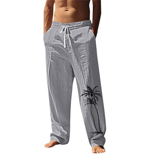 Cotton Linen Pants for Men Casual Palm Tree PrintWide Leg Yoga Beach Pants Loose Fit Lightweight Summer Trousers