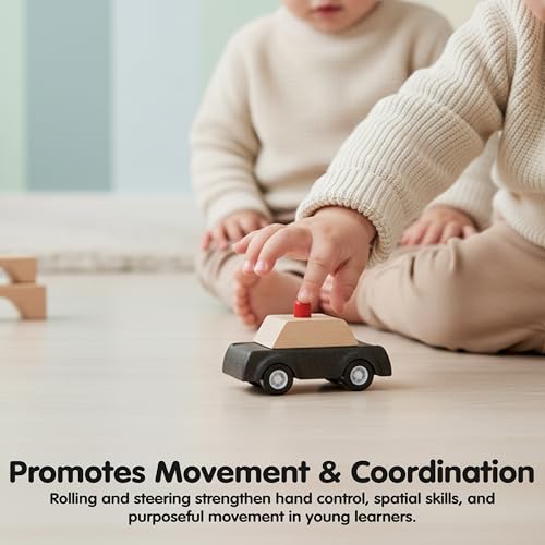 Image of PlanToys Police Car Wooden Montessori Vehicle Kids Indoor Outdoor Play Toy | rolling wheels, police car toy, girls, boys, imaginative early movement, practical life fine motor gift preschool learning