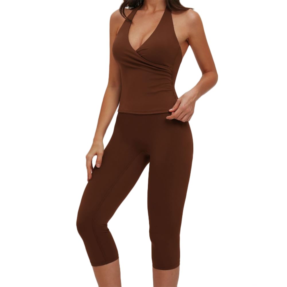 JPXJGT Female Gym Fitness Suit Sexy V Shaped Neckline Tank Top +High Waist Women Yoga Sets(Size:M,Color:Brown)