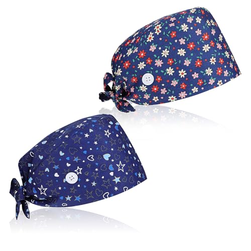 DOPENSPI 2 Stück OP Hauben Damen, Verstellbare Krankenschwesterhauben, Elastischer Binderücken, Arbeitshaube, OP Hauben für Herren mit Knöpfen und Schweißband für Damen und Herren