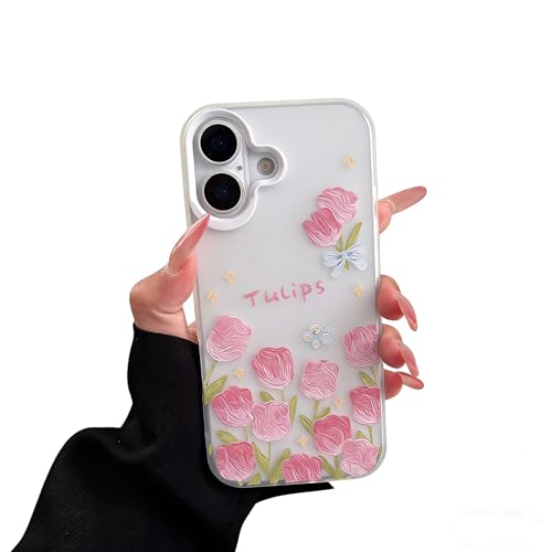 Cute Phone Case for iPhone 17 Case for Girls Women Retro Trendy Luxury Pink Tulip Flower Design Prints Compatible with iPhone 17 Case