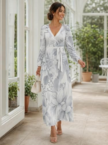 Image of PinkPatty Plus Size Dresses for Curvy Women V Neck Flowy Long Sleeves Wrap Maxi Dress Travel Vacation Outfits