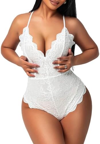 Avidlove Women One Piece Lingerie Deep V Teddy Sexy Lace Bodysuit Snap Crotch Babydoll(Double Layers - White,L)